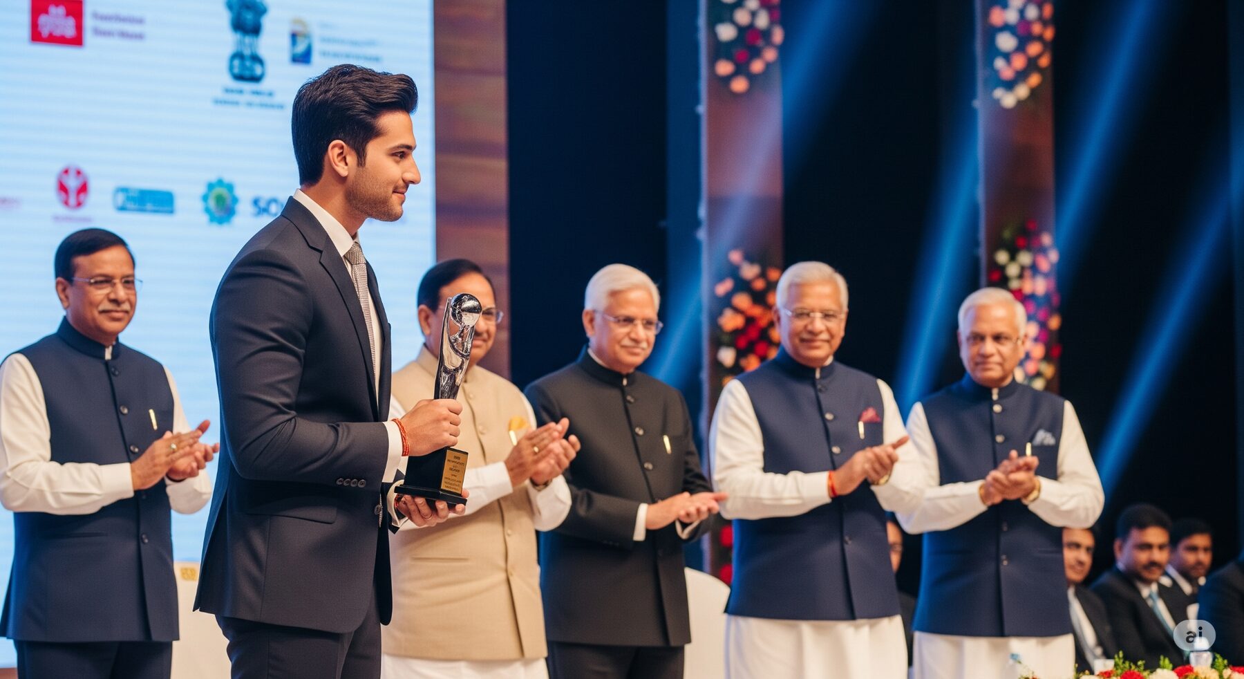 An entrepreneur being honoured on stage at a national award ceremony