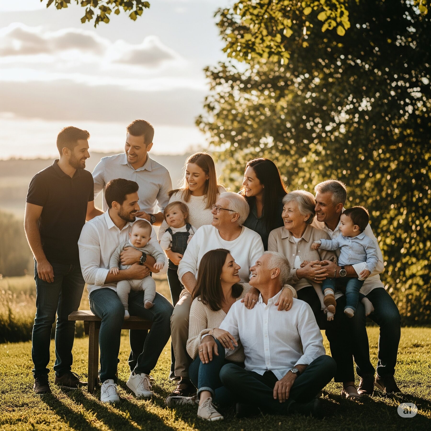 A multi-generational family gathered together outdoors, representing everyone who counts on a leader