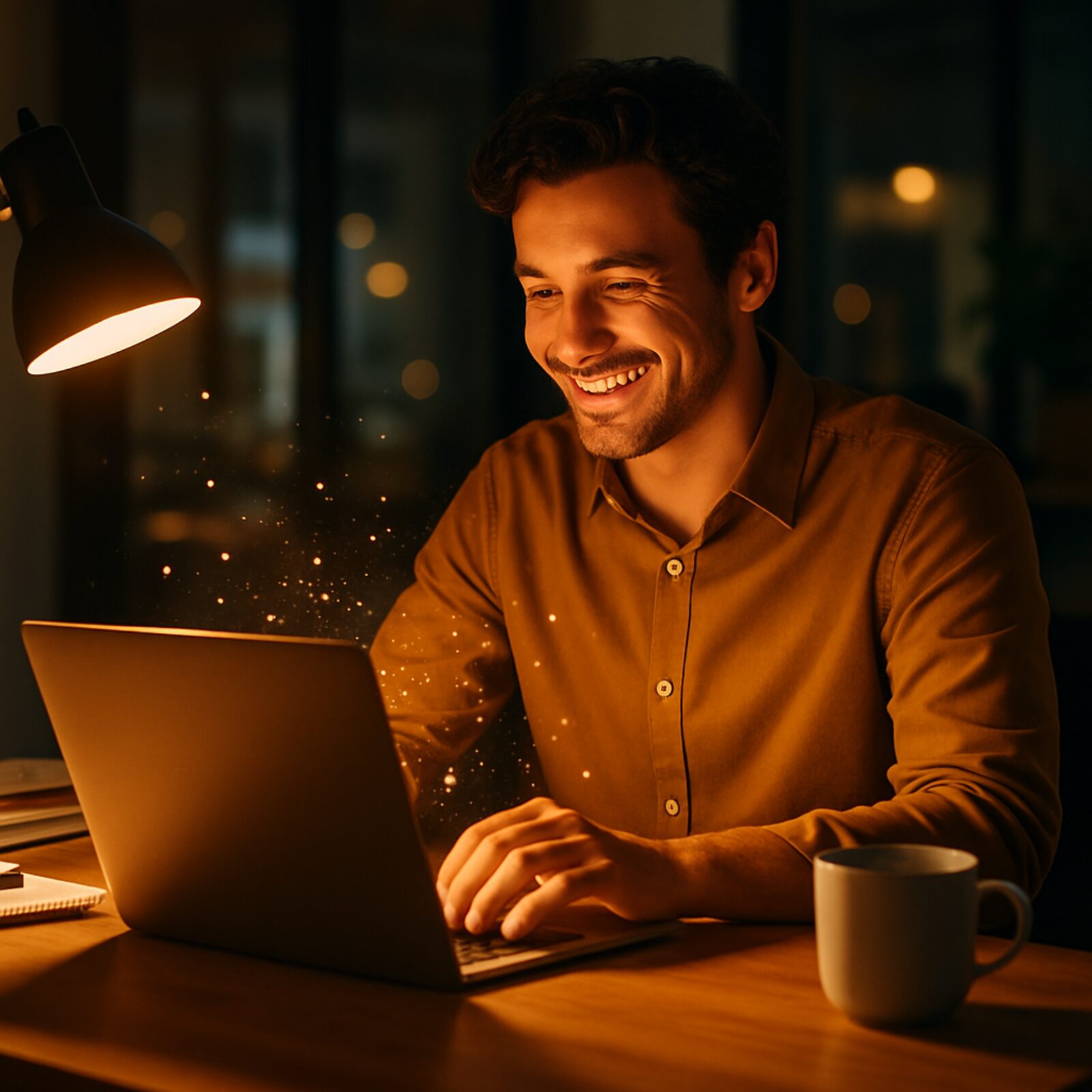 An entrepreneur working late, fully absorbed in building his vision