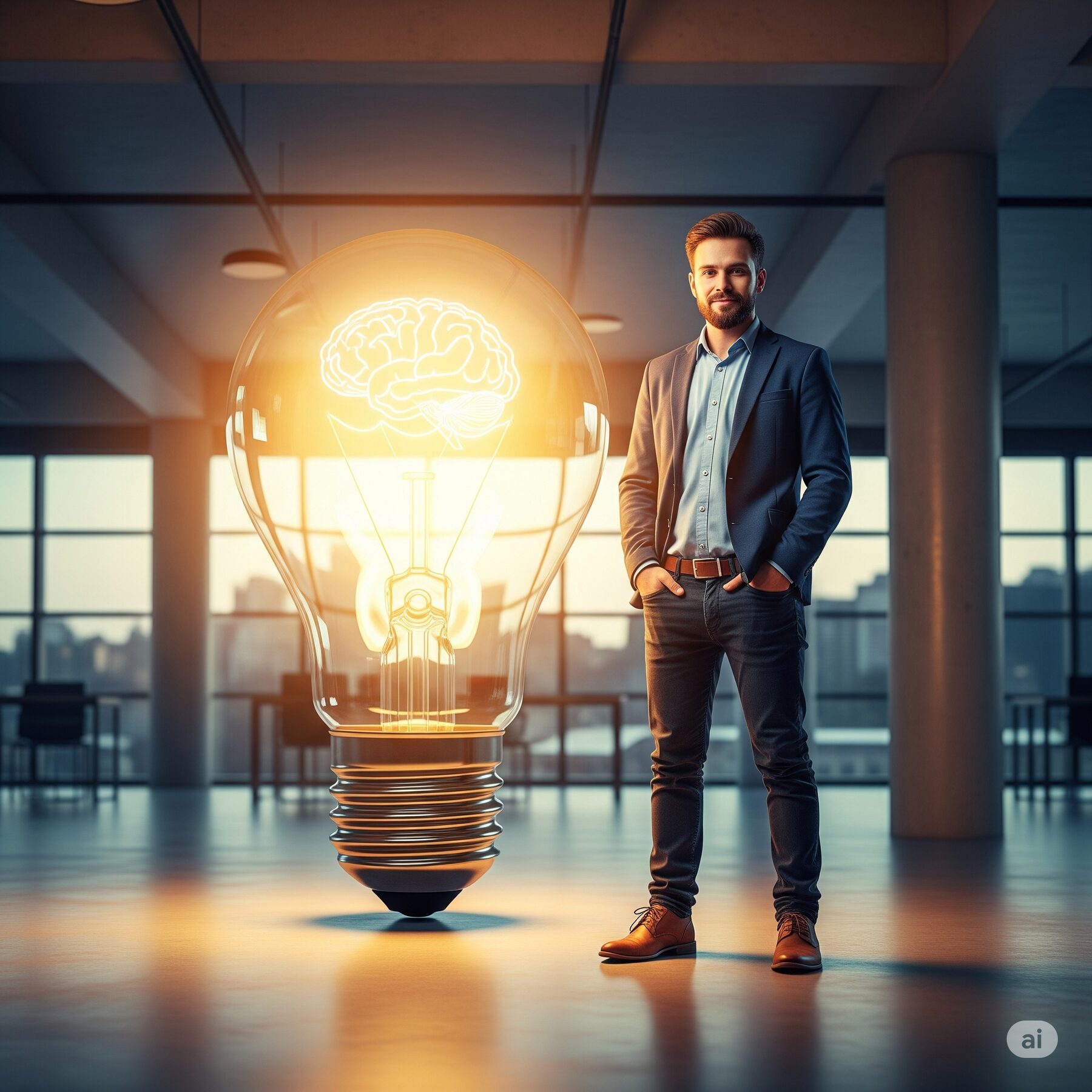 An entrepreneur standing beside a glowing bulb shaped like a brain, representing an idea that needs space to breathe