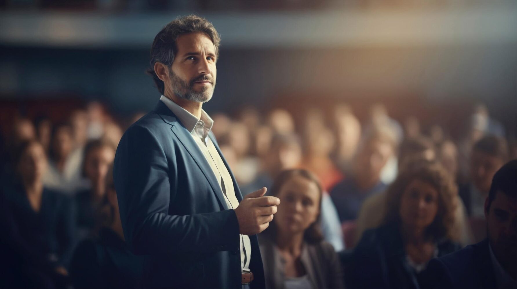 A leader addressing a large, attentive audience, representing the gap between being heard and being understood